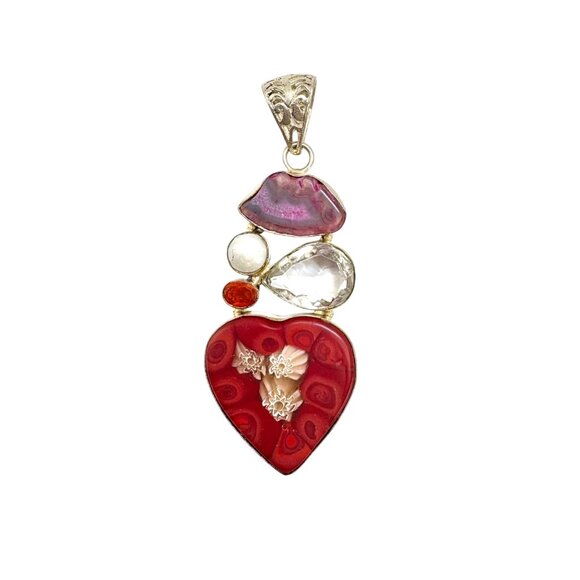VTG Sterling Silver 925 Multi-Gemstone Glass Heart Pendant Size 3.25" Length - Picture 1 of 13